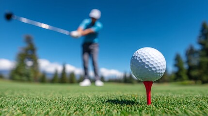 Golfer Preparing to Drive Tee Shot on Sunny Golf Course Day