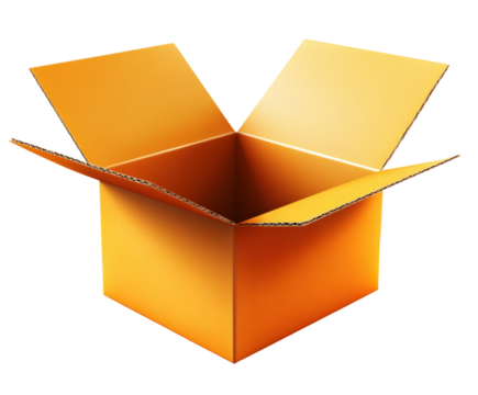 Unboxing excitement open yellow cardboard box in environment isolated on transparent background - Powered by Adobe