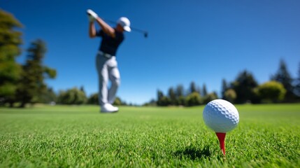 Golfer Preparing to Swing at Tee with Golf Ball on Green Grass