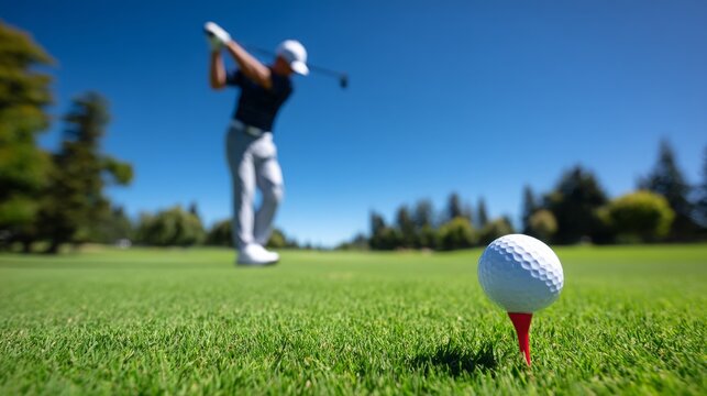 Golfer Preparing to Swing at Tee with Golf Ball on Green Grass