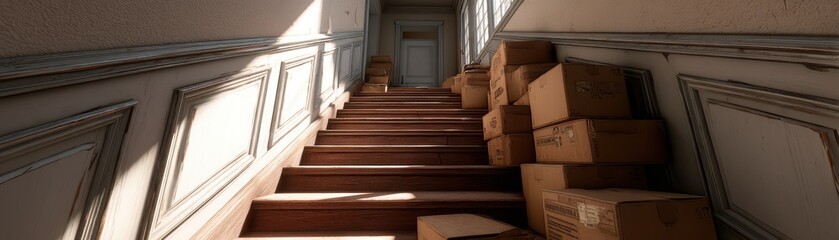 Cardboard boxes stacked on a staircase inside a building, suggesting moving or delivery in progress.