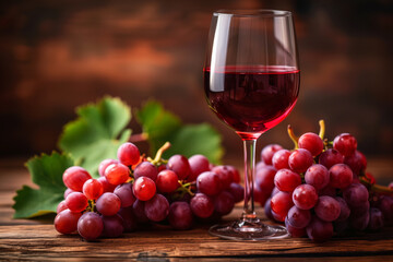 Glass of red wine is elegantly placed next to vibrant grapes on a wooden surface, highlighting the natural textures and colors of the scene 