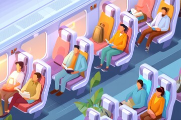 Travelers Enjoying Quiet Moments While Reading and Napping in Isometric Train Interior With Comfortable Seating and Calming Atmosphere Generative AI