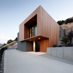 Modern house with wooden facade and large windows set on a hillside with minimalist landscaping.