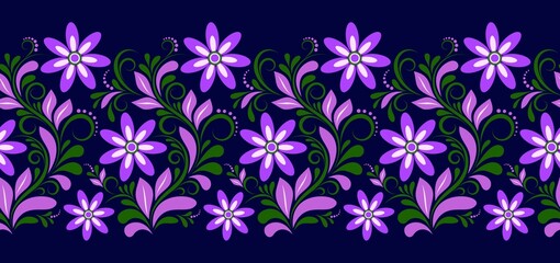 floral border seamless with purple flowers, green swirls, pink leaves and dots on dark blue isolated background, decorative element