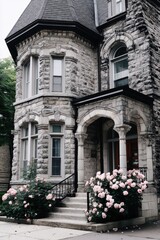 Historic stone building with arched entryway, tall windows, and blooming pink roses at the front steps.