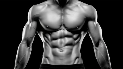 Close up black and white shot of well defined muscular male torso against dark background fitness