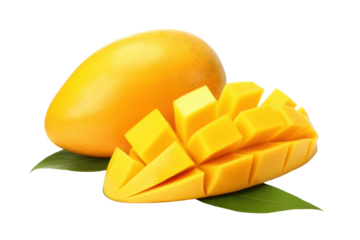 sliced piece of mango with leaves isolated on white or transparent png