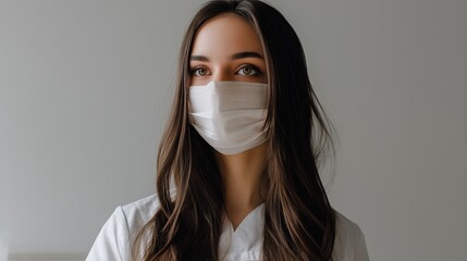 Woman wearing protective face mask against neutral background expressing safety and healthcare measures