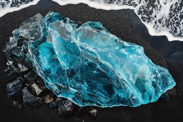 Ocean-Sculpted Ice: A Serene Teal Glacial Fragment on Black Sand