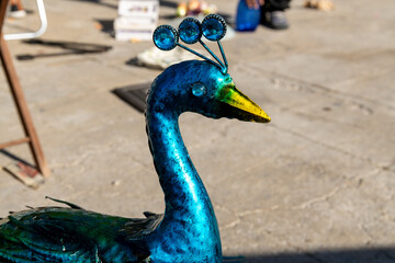 Metal Peacock Sculpture with Blue and Green Shimmer