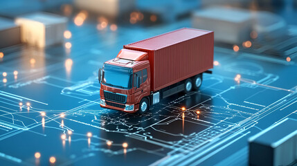 Red Miniature Truck on Circuit Board Representing Digital Logistics
