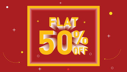 Flat 50% off sale banner template in bold red and yellow theme, perfect for online shopping promotions with red background.