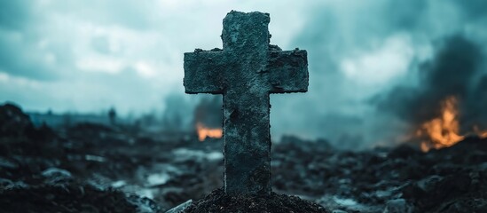 Old stone cross in a terrible place. Illustration on the theme of cinema and films, religion and landscapes.