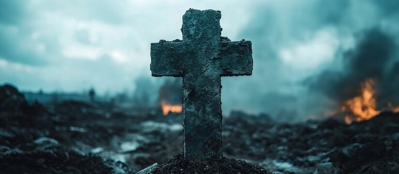 Old stone cross in a terrible place. Illustration on the theme of cinema and films, religion and landscapes.