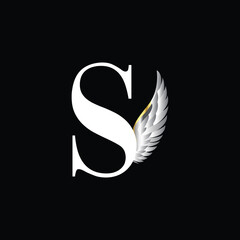 Elegant Letter S Logo with Silver Feather Wing on Black Background for Premium Branding
