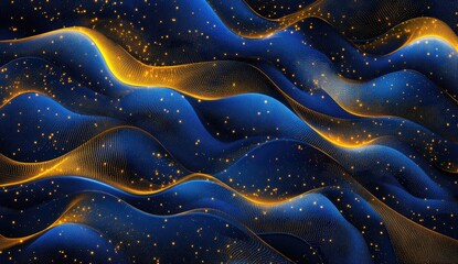 Obraz premium Abstract wavy design with gold and blue. Glittering particles create a dynamic, textured effect