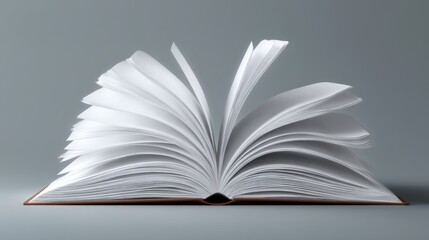 Fototapeta premium Open book with fluttering pages on minimal grey background, side view close-up.