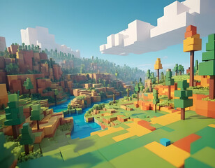 Voxel Landscape with River and Trees