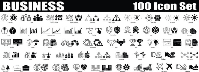 Fototapeta premium Set of 100 Outline and fill icons related to business. Flat Business icon collection Isolated. Editable Icon for teamwork, leadership, innovation, strategy, planning, vision, growth, success.