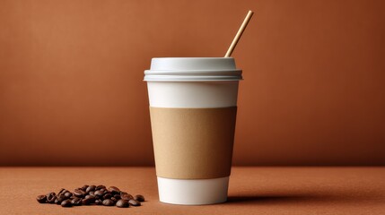 Takeaway coffee cup with straw and beans on brown background.