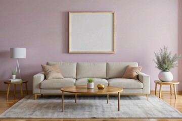Modern Living Room Interior Design with Beige Sofa and Pink Walls
