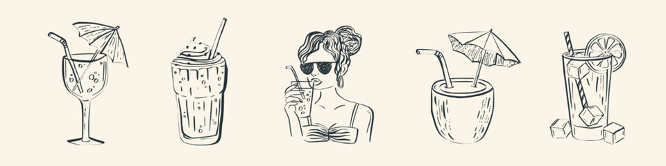Hand-drawn whimsical summer drinks and fun beach essentials like cocktails, ice cream