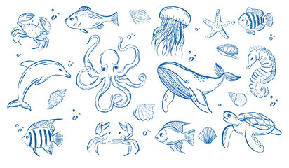 Whimsical hand-drawn crayon sea animals and fish sketches featuring vintage fish, shrimp, seashells, and squid in doodle style