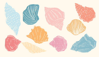 Hand-drawn crayon whimsical shell illustrations in soft pastel colors