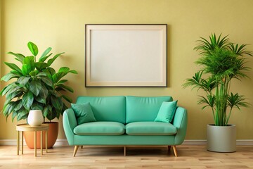 Stylish Teal Sofa in Modern Living Room with Green Plants and Empty Frame