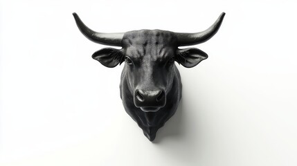 Naklejka premium Black bull head sculpture with textured surface mounted on white wall background.