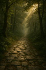 Obraz premium Misty Stone Path Through Enchanted Forest with Sunlight Rays Breaking Through Trees 