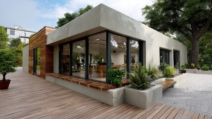 Modern minimalist single-story house with large glass windows and landscaped garden outdoor view