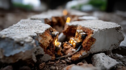 Fototapeta premium Broken electrical component embedded in concrete with glowing internal circuits and exposed wiring on gravel surface