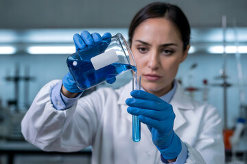 a female scientist meticulously transferring a vibrant blue liquid