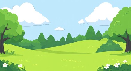 Fototapeta premium Serene Spring Landscape: Lush Green Hills, Fluffy Clouds, and Vibrant Trees