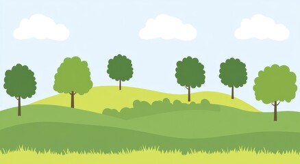 Serene Hillside Landscape: Simple Green Trees and Rolling Hills