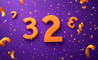 Celebration Number 32: Festive Orange Numerals Amidst Confetti