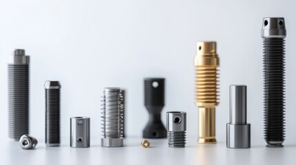 Fototapeta premium Various Metal Components and Fasteners Displayed on a Light Background