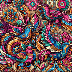 Intricate floral pattern featuring colorful birds and decorative elements in a vibrant design