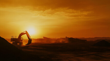 Silhouette of Excavator at Sunset in Desert Landscape