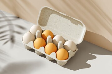 Floating 3D Egg Carton Mockup With Vibrant Eggs Against a Soft Backdrop Showcasing Shadows and Texture Generative AI