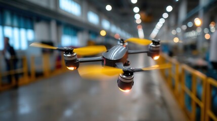 Close-up of a modern drone with yellow propellers flying indoors in an industrial setting