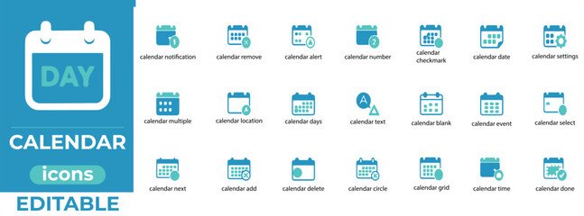 Editable calendar vector icons perfect for planners, apps, scheduling, reminders, and time management designs.