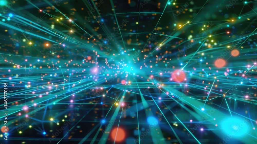 Poster abstract picture of neon light particle glow with digital technology style design connecting become 