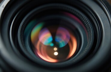 Close-up photo camera lens reflecting colorful light circles. Pro equipment for photography, video production, film, journalism. High-quality optics, digital technology for photographers,
