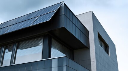 Modern building with solar panels on roof and large glass windows, contemporary architecture design