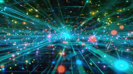 Obraz premium Abstract picture of neon light particle glow with digital technology style design connecting become dynamic of electric movement represent about flowing of data or structure of network system. AIG53.