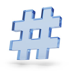 Hash symbol in glass isolated on white background. 3d illustration.