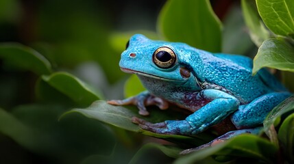 Obraz premium High contrast nature image of a tropical blue tree frog sitting on foliage, shallow depth of field bringing focus to its skin texture and vibrant colors.